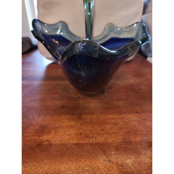 Swan Swirl Bowl/Dish Centerpiece Vintage Blue/Orange Art Glass Large - Picture 6 of 11